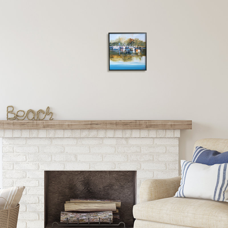 Ba-063 - Peinture encadrée d'une marina, Giclée encadrée noir minuit, H 12 po x l 12 po x P 1,5 po