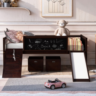 Twin Size Loft Bed Wood Bed With Two Storage Boxes