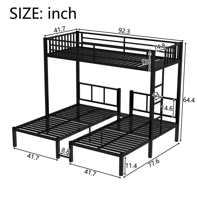 Lit superposé triple en métal noir pour 3 personnes, option simple sur simple et simple TG, conception peu encombrante