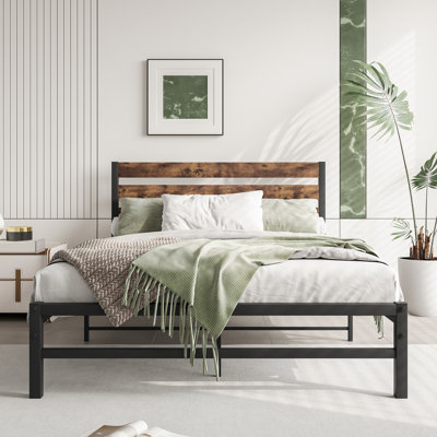 Queen Size Platform Bed Frame With Rustic Vintage Wood Headboard, Strong Metal Slats Support Mattress Foundation by 17 Stories