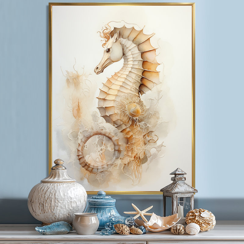 Hippocampe magique beige II sur toile, Cadre flottant doré, H 32 po x l 24 po x P 1 po