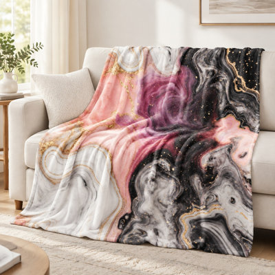 Plaid en flanelle à motif marbré doux et confortable - Rose, noir et or tourbillonnants, ultra doux, léger, respirant, toutes saisons, agréable pour la peau, lavable à la machine, décoratif, pour canapé, fauteuil, salon et chambre