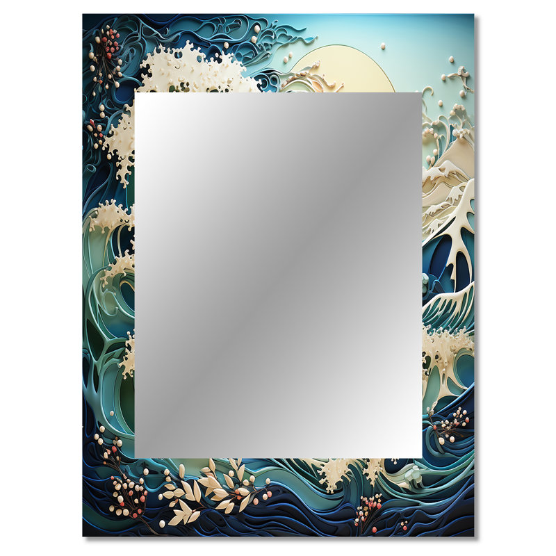 Teal White Ocean Rhapsody - Ocean Mirror, Teal Unique Wall Mirror, Printed Metal Art, 40" x 30"