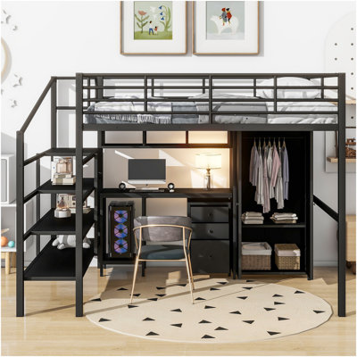 Metal Loft Bed With Table Set And Wardrobe, Full