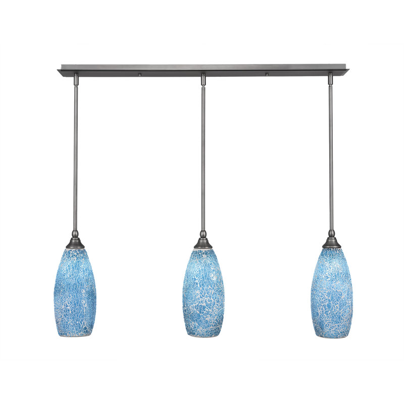 Luminaire suspendu linéaire sur pied 3 lumières avec verre fusion de 5,5 po, Turquoise, Nickel brossé
