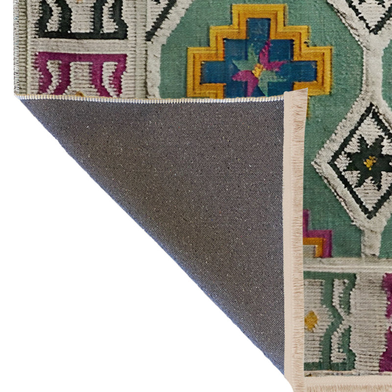 Tapis décoratif vert à motif géométrique multicolore, Rectangle 3 pi 11,24 po x 5 pi 10,87 po