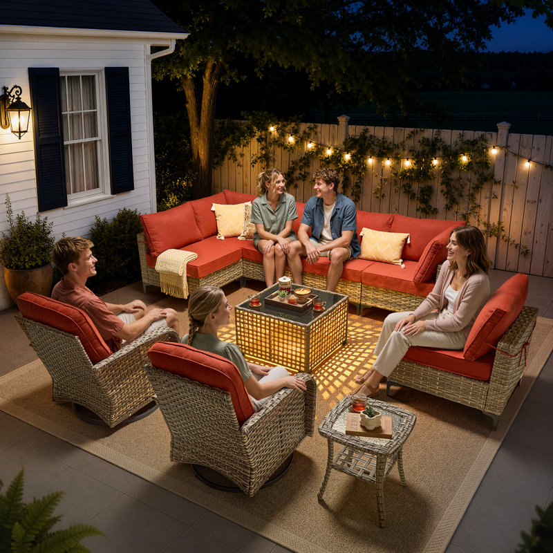 10-piece outdoor wicker patio furniture set with fire pit table, swivel chair and colorful cushions, Orange, No