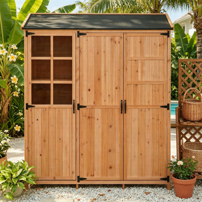 Large Outdoor Garden Storage Shed With Workstation, Wooden Tool Cabinet With 3 Doors, Adjustable Shelves, Drawers & Hooks, Waterproof Roof Patio Storage