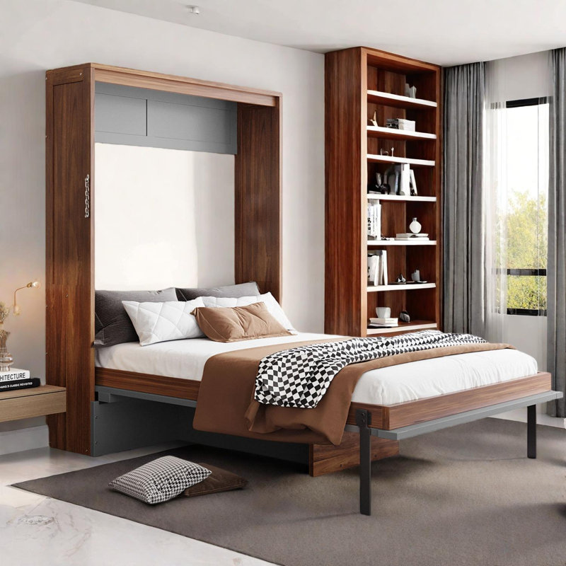 Full Size Murphy Bed with Foldable Desk, Space Saving Wall Bed, Brun / Gris