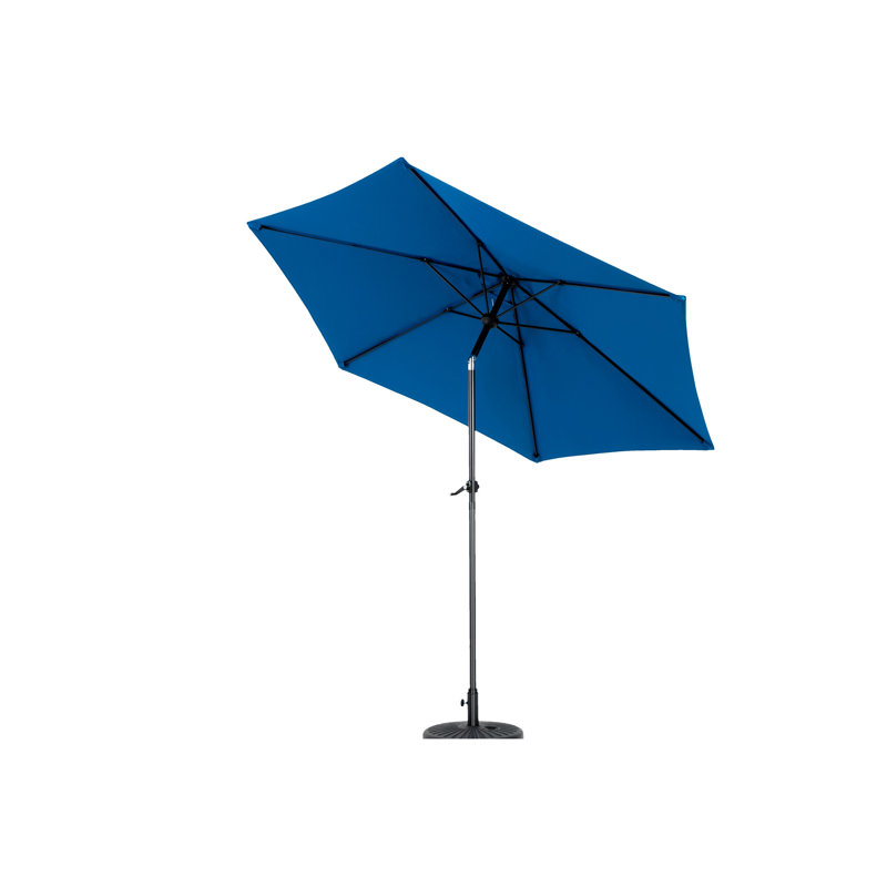 Parasol de table d'extérieur 9 pi - bleu foncé. Structure avec 6 nervures. Manivelle facile à utiliser. Parfait pour la cour, la piscine ou la terrasse. Conception à nervures 100%. Fonctionnement parfait