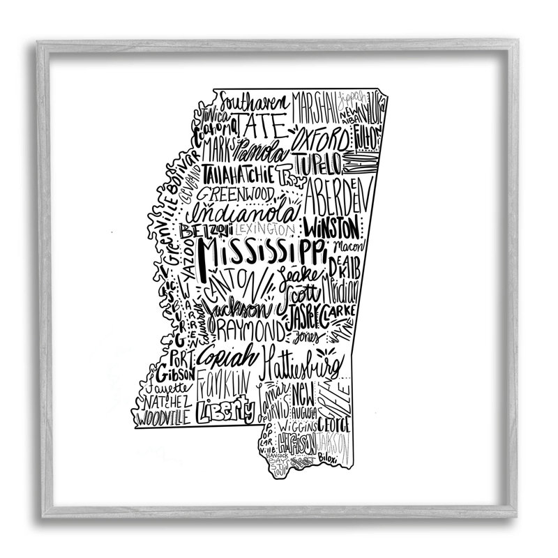 «Mississippi Typographie Shape State Map», estampe numérique texturée par le samedi soir, H 17 po x l 17 po x P 1,5 po
