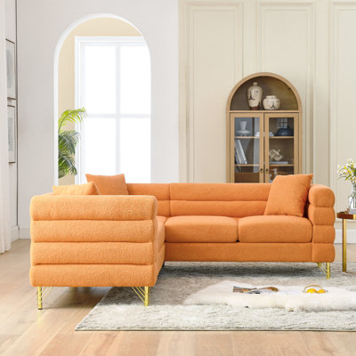  Canapé modulaire en L à 5 coins. Simplifiez le style moderne avec des lignes horizontales. Structure en bois massif et pieds en métal. Tissu orange, rembourrage en mousse. 3 oreillers inclus. 250 lb / poids du siège