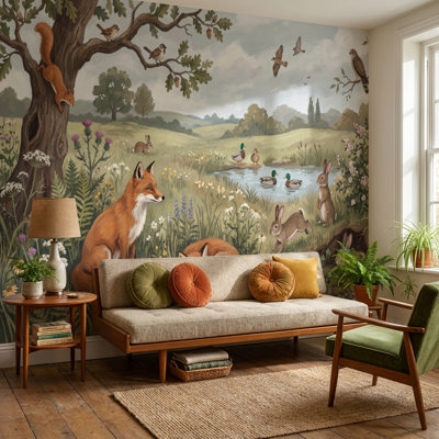 Papier peint rustique avec animaux, motif vintage