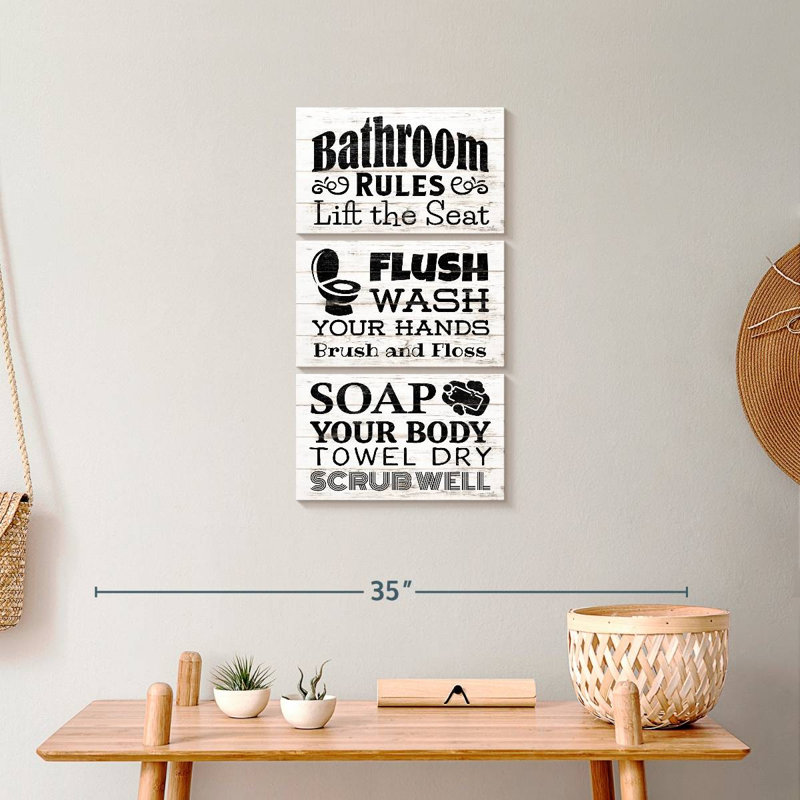 «Bathroom Humor Quotes Quick Bathroom Rules on Canvas», reproduction de 3 pièces, H 27 po x l 12 po x P 1 po