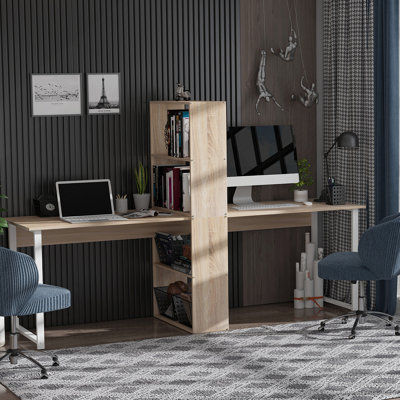 Bureau d'ordinateur avec tablettes de rangement et table de travail double