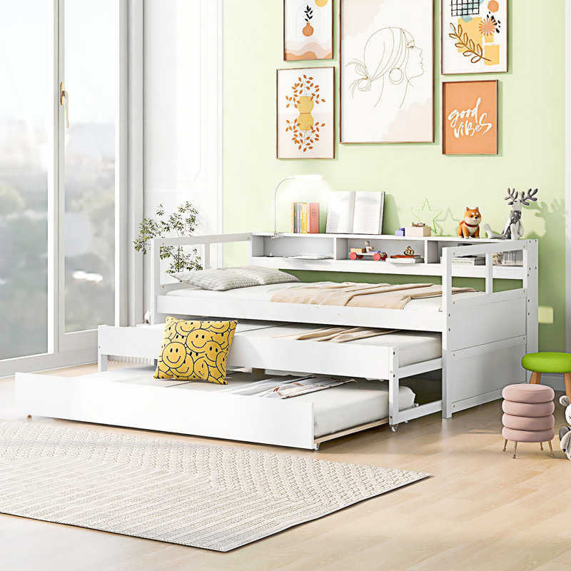 Lit de jour de style moderne avec 2 lits gigognes et 3 casiers de rangement, Blanc