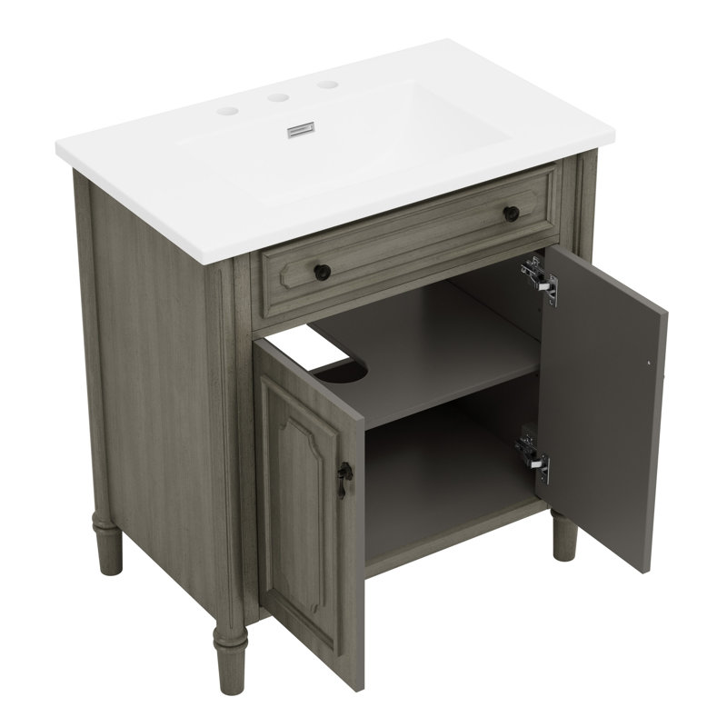 Meuble-lavabo vintage de 31 pouces avec lavabo rectangulaire, tablettes réglables et pieds cylindriques rainurés en gris antique, armoire spacieuse, installation facile, cadre en bois d'hévéa