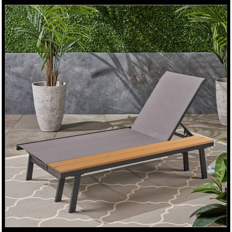 Outdoor Chaise Lounge Chair With Attached Wood Side Table, 1PC Durable Recliner, Weather-Resistant For Patio & Poolside, 1
