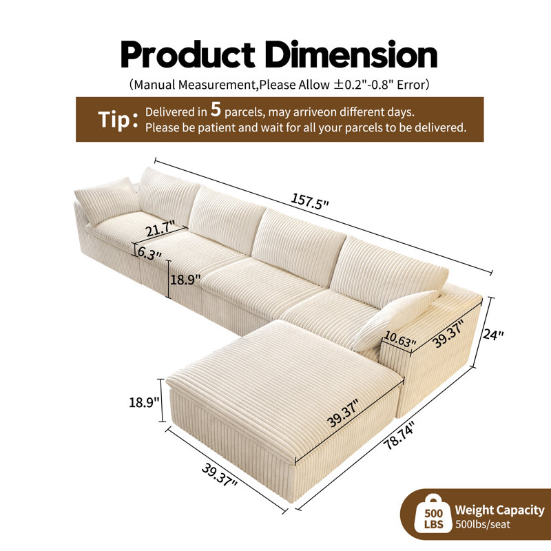 Boneless LoveSeat Cloud Modular Sectional Couch,78.7"W Corduroy Sofa with Ottoman,3-Piece No Assembly Required Boneless Couch