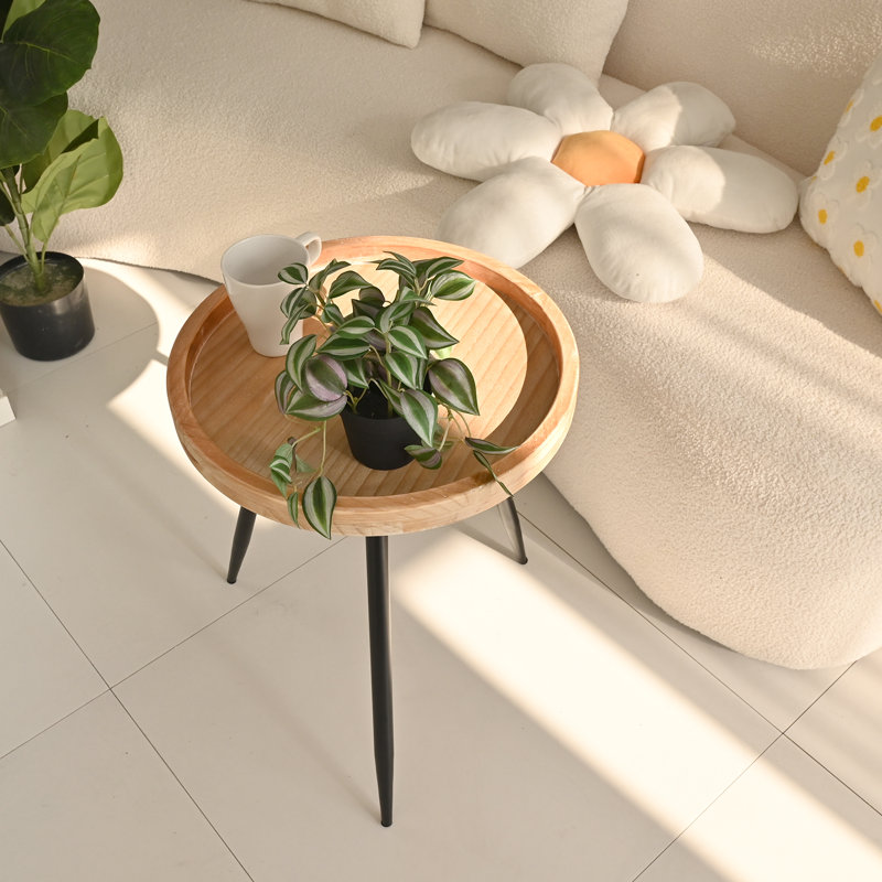 Petite table de bout ronde - table d'appoint avec plateau en bois massif et pieds en métal robustes, table d'appoint peu encombrante pour le salon, la chambre à coucher, le balcon - assemblage facile, design moderne minimaliste