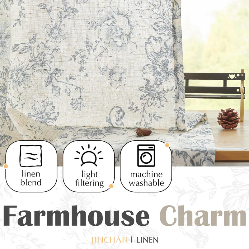Floral Linen Tie Up Shade Valance, Gray, 42" W x 24" L