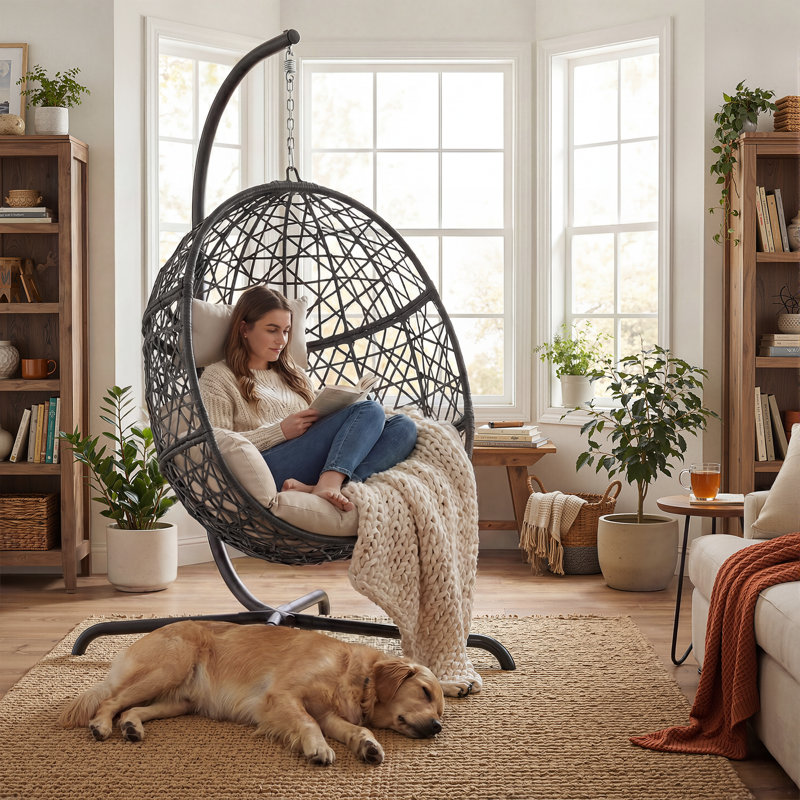 Chaise balancelle suspendue en osier avec coussin Chylie, Crème