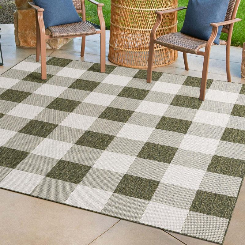 Tereon Checkered Machine Made Power Loom Polypropylene Plastic Indoor/Outdoor Area Rug in Green, Square 7'10"