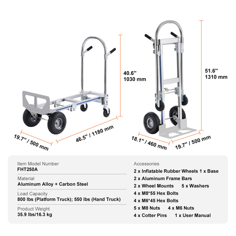 Aluminum Hand Truck, 2 in 1, 800 lbs Load Capacity, Heavy-Duty Industrial Convertible Folding Hand Truck and Dolly, Utility Cart Converts from Hand Truck to Platform Cart with Rubber Wheels