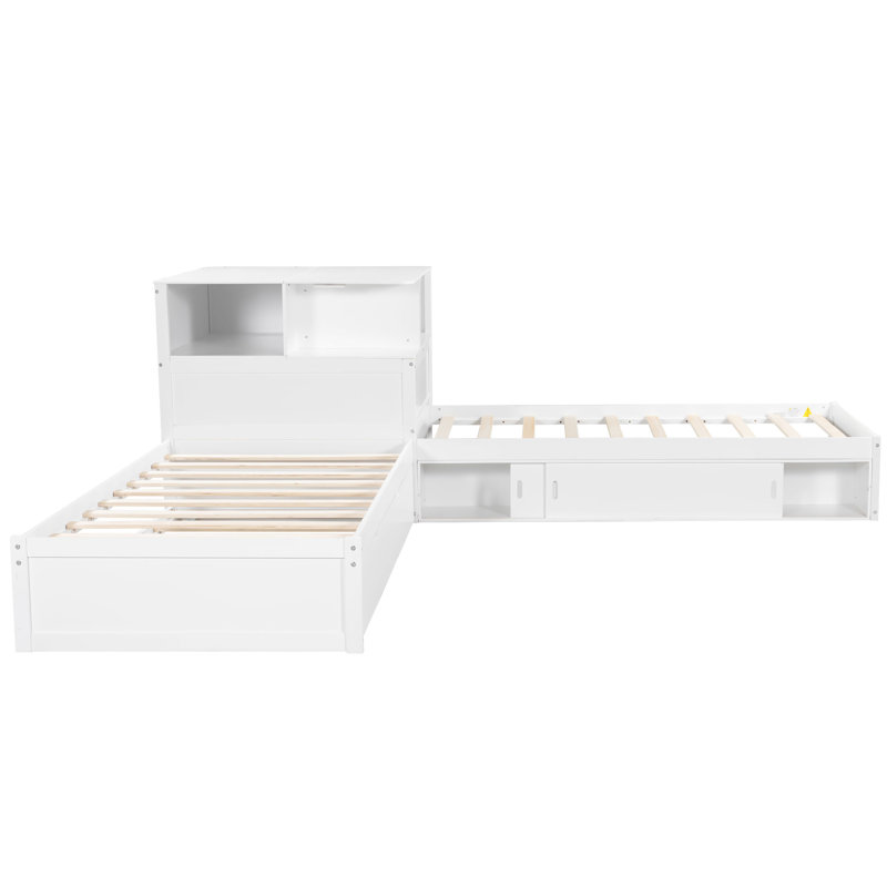 Twin L-Shaped Platform Bed with Trundle, Storage Cabinets, Desk & LED Light – Space-Saving Corner Bed,White, White