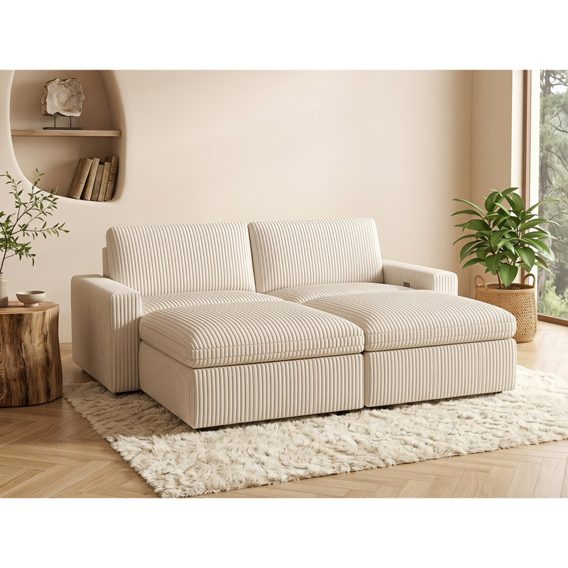 Milred Power Corduroy Reclining Sectional Symmetrical, White Corduroy