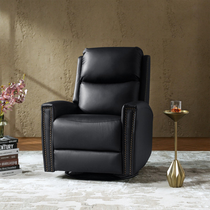 Chikako Genuine Leather Swivel Rocker Manual Recliner, Black Genuine Leather