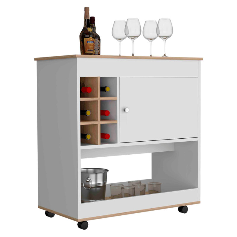 Chariot-bar, six casiers à bouteilles, une armoire, quatre roulettes