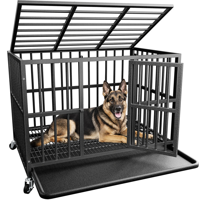 Meuble de 42 po en métal robuste avec roulettes verrouillables, cage intérieure pour chien avec plateau amovible et double porte, chenil pour chiens de grande taille