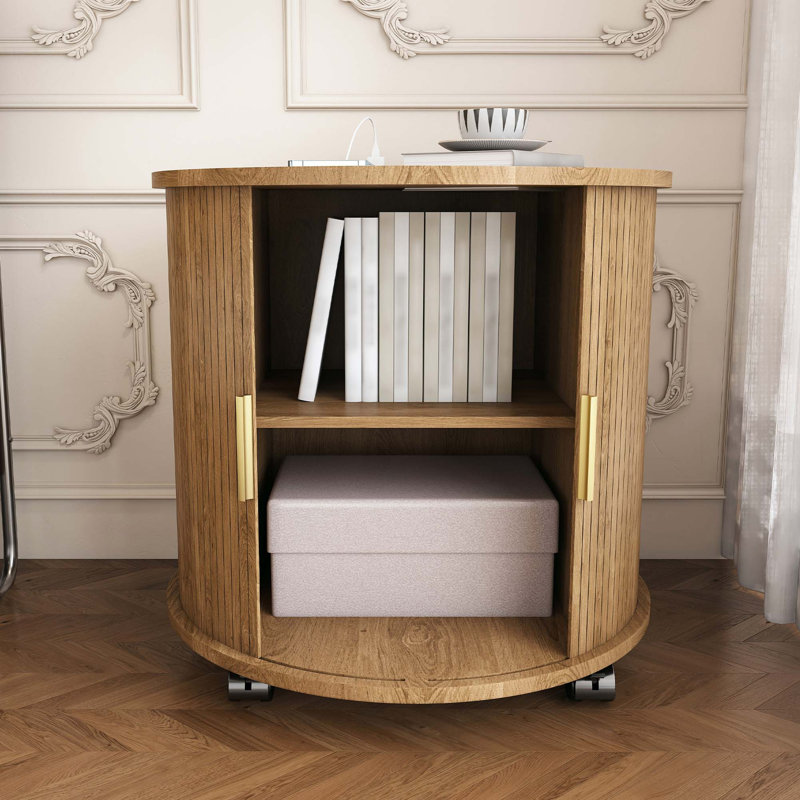 Table cylindrique Mid-Century moderne avec station de charge intégrée et rangement coulissant, Oak