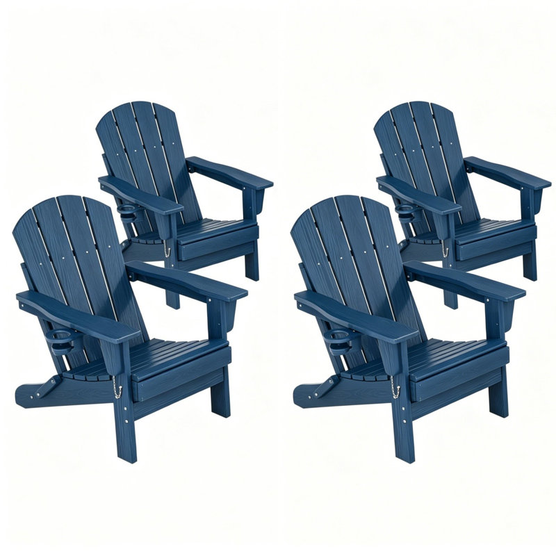 Folding HDPE Adirondack Chair with Cup Holder, Weather Resistant Outdoor Patio Chair, 4 PCS, Navy, 4