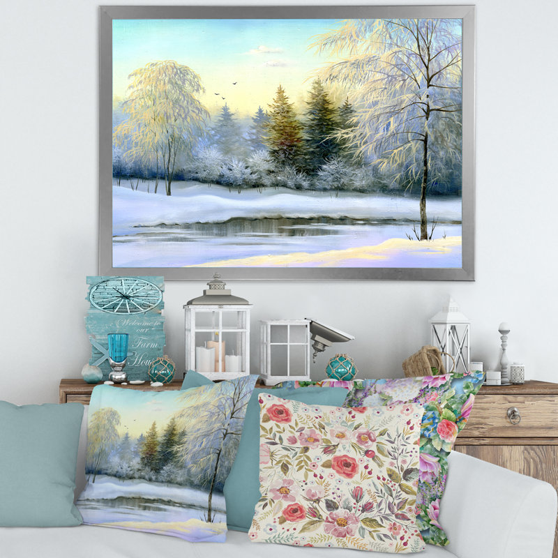 Paysage, arbres verts, peinture sur toile d'hiver, H 30 po x l 40 po x 1,5 po, Cadre photo argenté