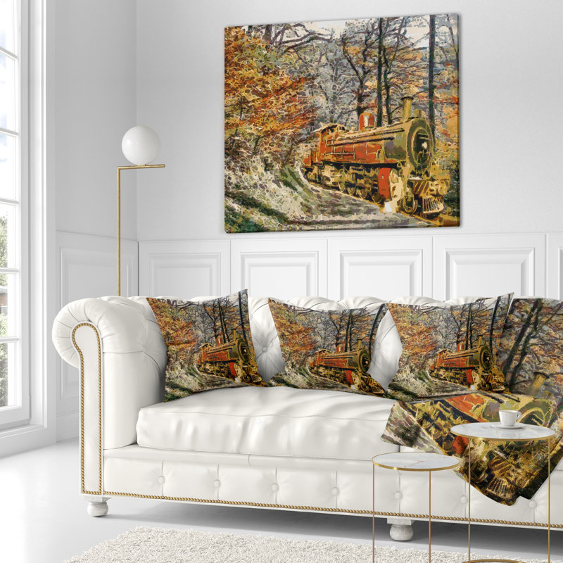 Coussin de peinture à l'huile paysage train en forêt, 18 po x 18 po, Coussin décoratif