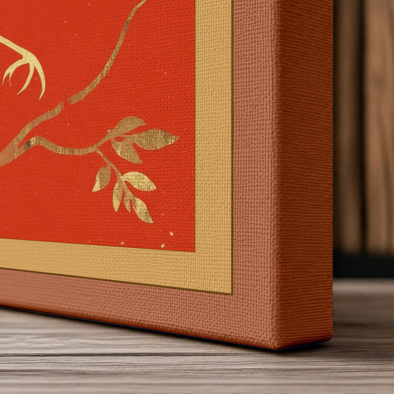 Gilded Bird on Branch Japandi - Wrapped Canvas, 18x12 - 45.7 x 30.5 cm, Terracotta Border