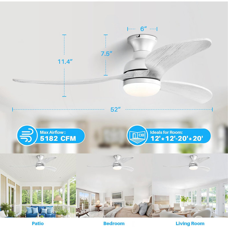 Ventilateur de plafond moderne de 52 pouces avec moteur à courant continu réversible à télécommande à 3 pales en bois massif à intensité variable