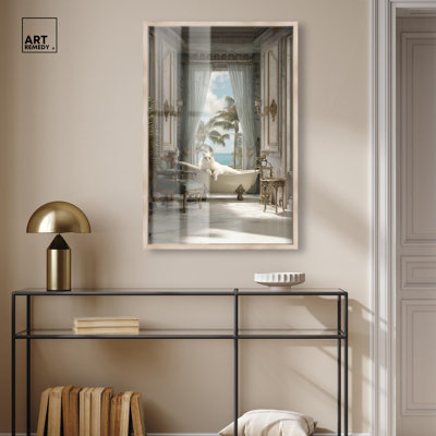 Cat in Tropics Bathroom Shadowbox Print Fun Bathroom Art by Art Remedy, Blonde Frame, 24 x 36