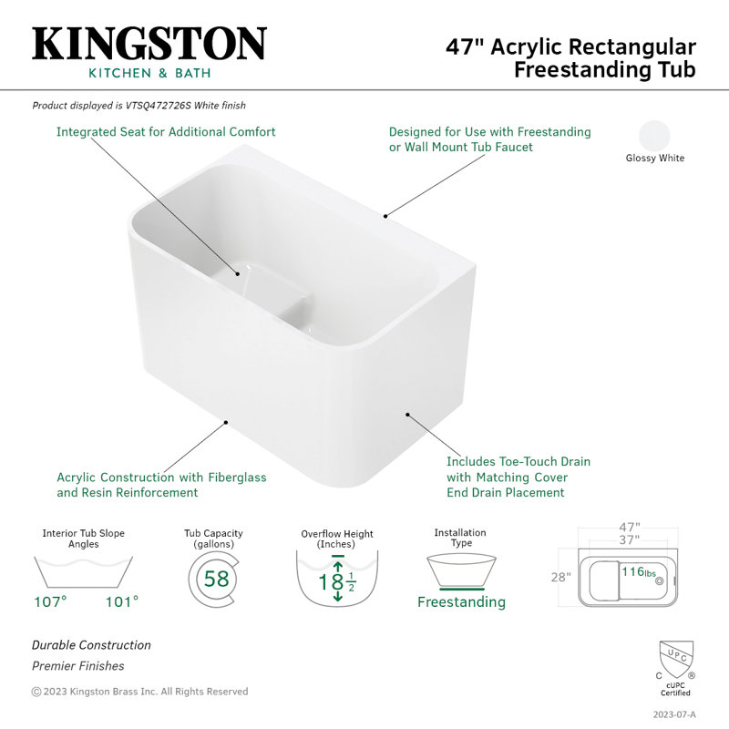 Kingston Brass Aqua Eden 47-Inch Acrylic Rectangular Double Ended Freestanding Tub with Drain and Integrated Seat