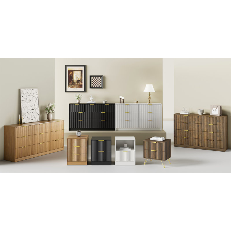 Commode cannelée à 9 tiroirs de 63 po de largeur pour chambre à coucher, commode moderne avec poignée en métal, noire, Noir