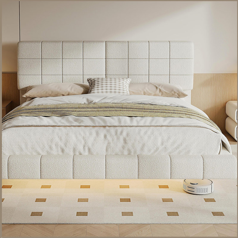 White  Boucle Floating Bed with Light,Queen