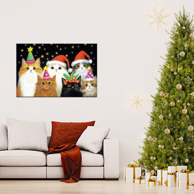 Art mural sur toile de grands chats de Noël - peinture festive de chat de vacances, affiche rétro de nuit d'étoiles, impressions sur toile pour le salon, œuvre d'art murale prête à accrocher, décor de photo de Noël, 12 po x 16 po à 36 po x 48 po, 36 po x 48 po