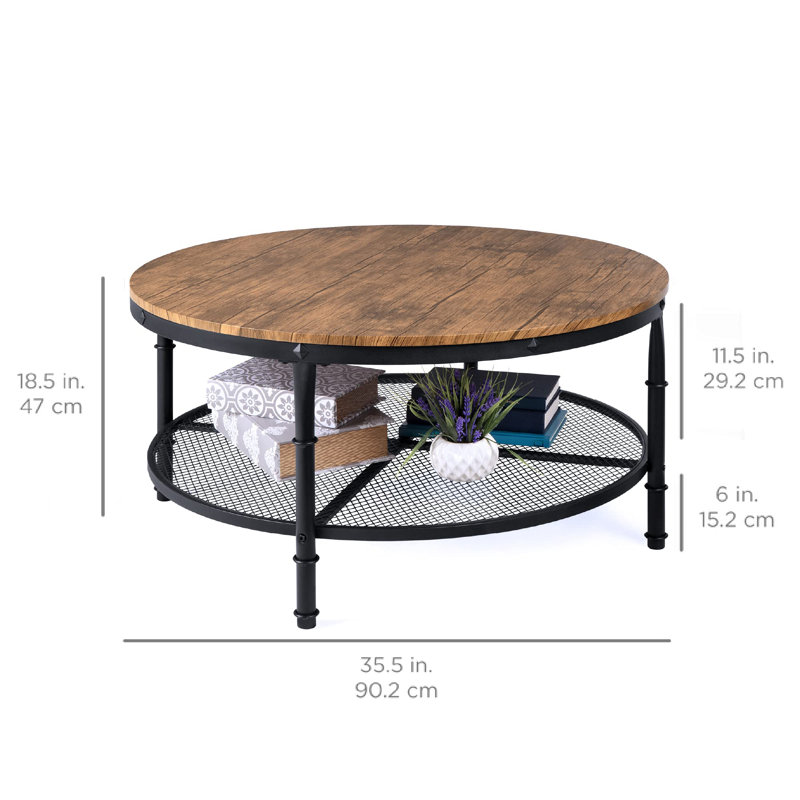 Brown Round Wood and Metal 2-Tier Coffee Table