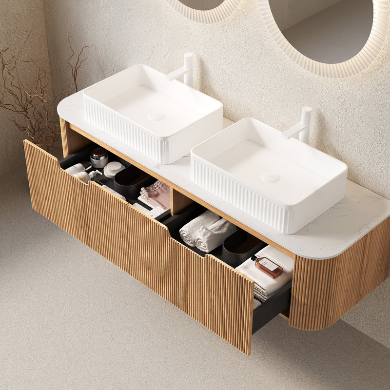 Meuble-lavabo 60 po avec lavabos 60 po, 2 tiroirs, 2 lavabos rectangulaires blancs en céramique, 59.84, Bois naturel