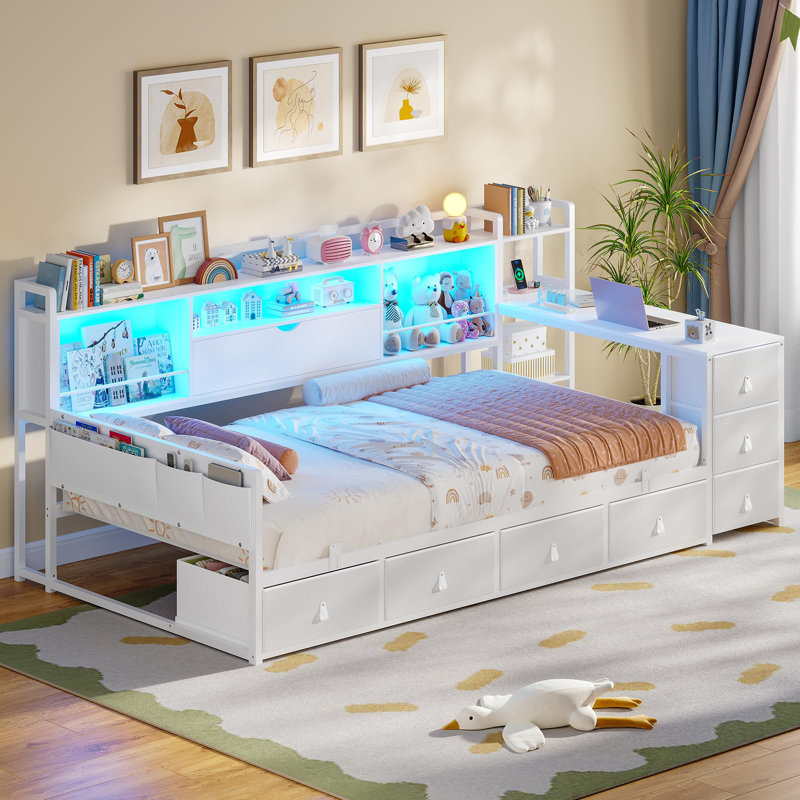 Twin Daybed Corner Bed Frame With 7 Drawers, Desk And Bookcase Storage, Metal Platform  Bed With Charging Station, White