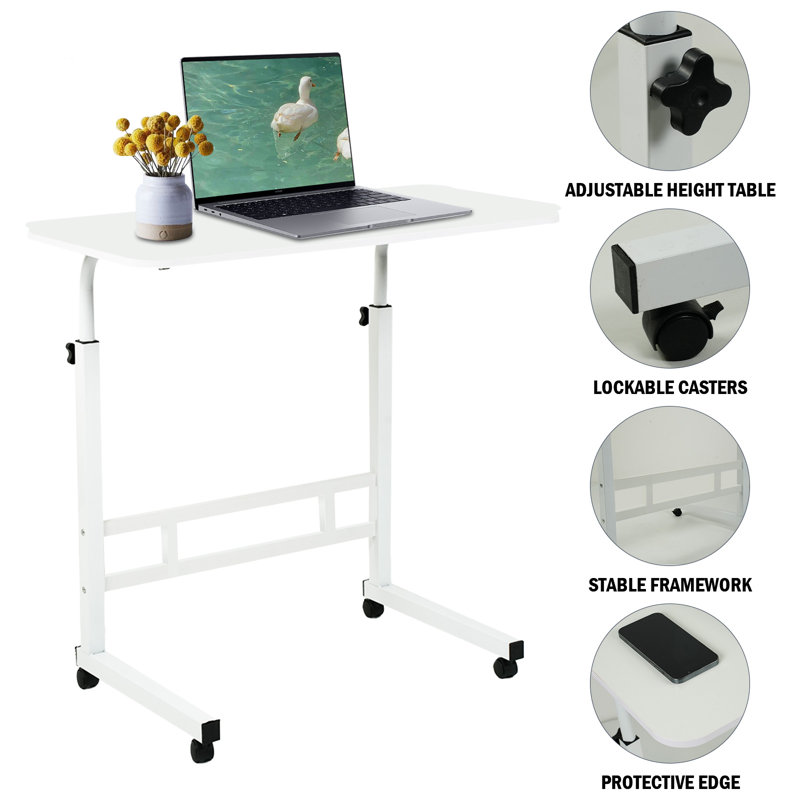 Mobile Side Table 23.7 Inch Computer Desk With Wheels Height Adjustable Rolling Potable Laptop Cart, C-shaped Bed Couch Sofa End Tables With Edge Stopper For Livingroom Bedroom