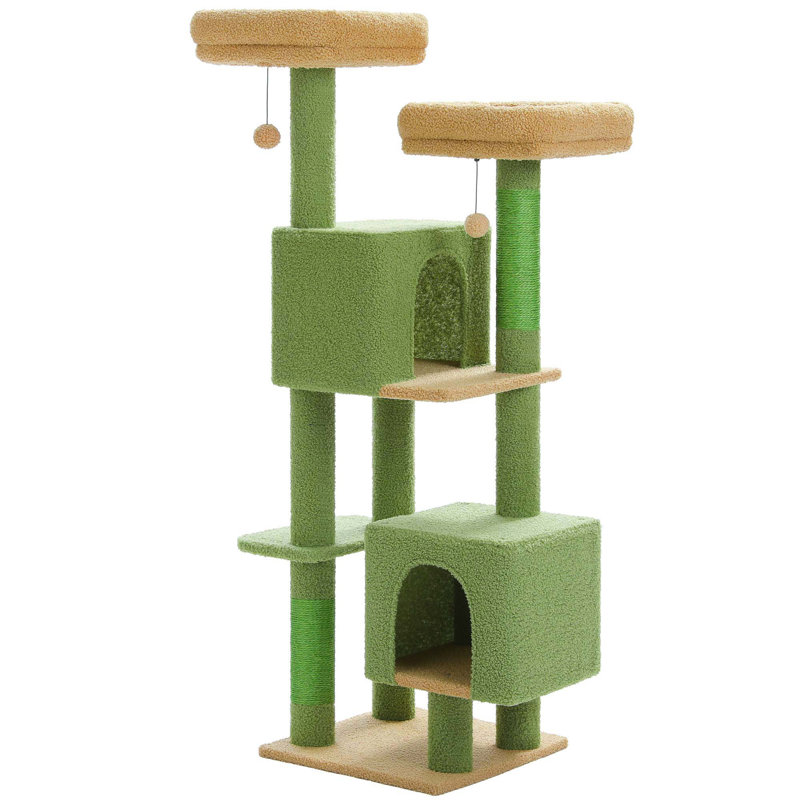 Cat Tree, 52.4" Cat Tree Tower For Indoor Cats, Cute Cat Tree With 2 Flower Padded Perches, 2 Condos & 2 Scratching Posts