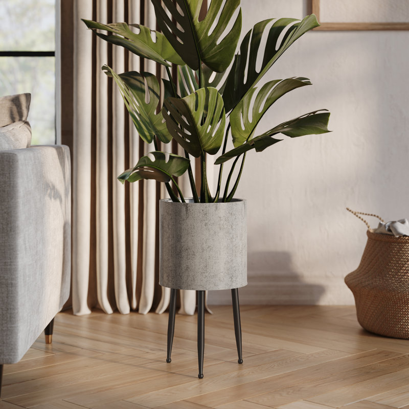 Abigail Mid Century Modern Indoor Metal Pot Planter With 3-Leg Metal Base, 24" H x 12.25" W x 12.25" D